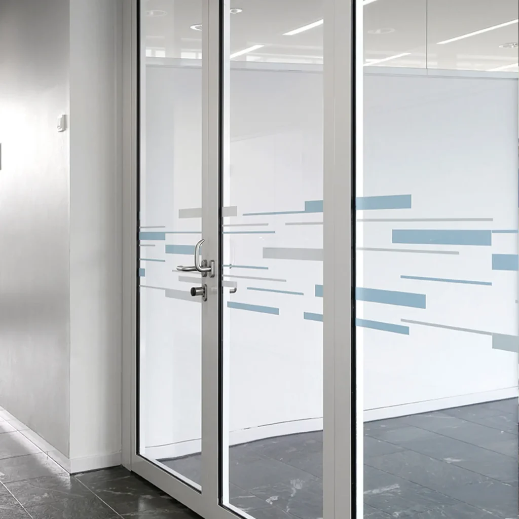 Glasfläche in öffentlichen Gebäude mit transparentem Anprallschutz zum Schutz vor Anläufen