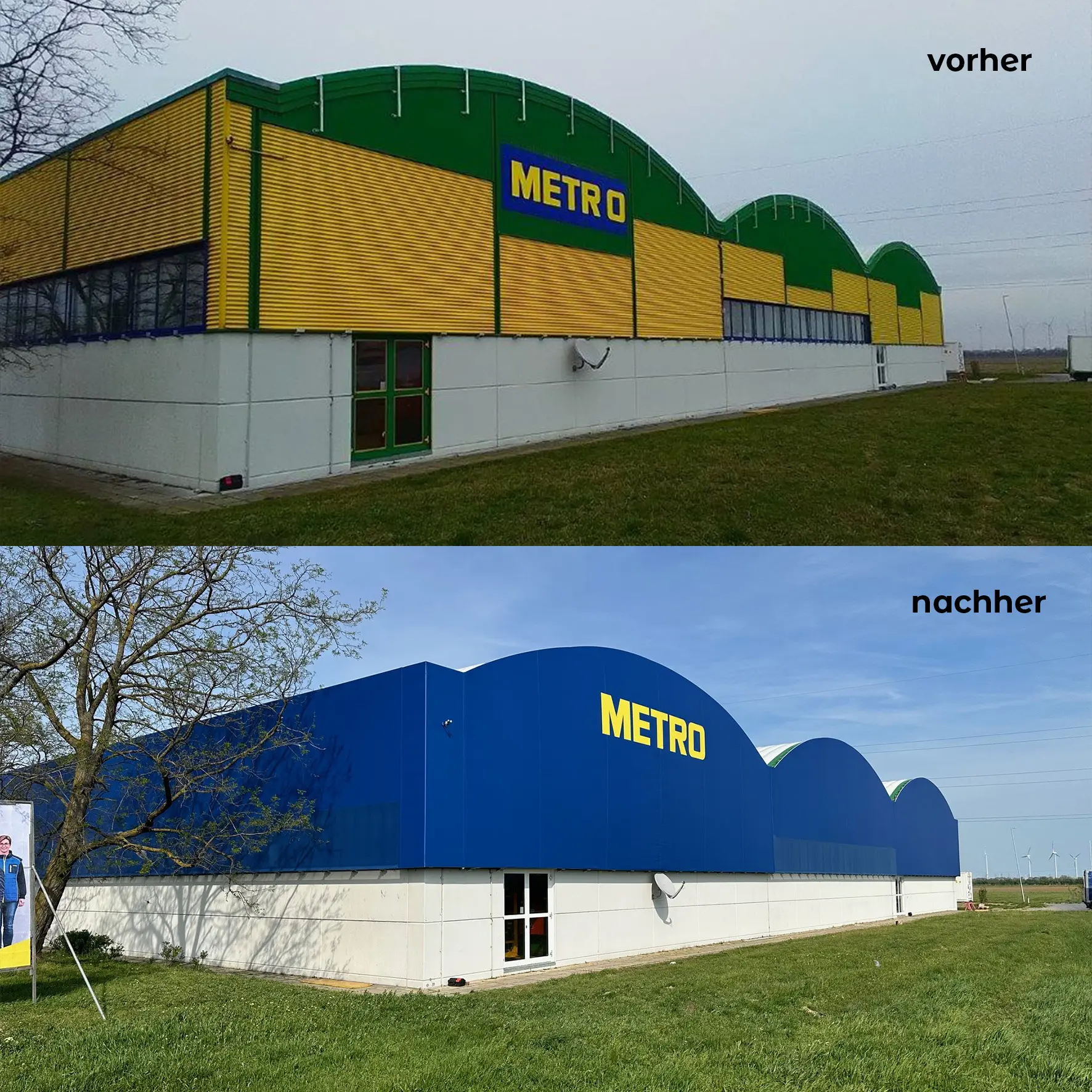 Vorher-Nachher Vergleich eines Gebäudes mit neuer Fassadenbespannung